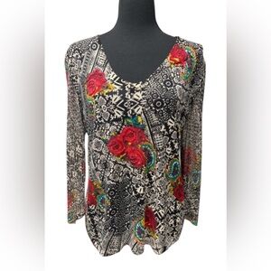 Nygard Collections Vibrant Beaded Floral Women's Blouse W/Netted Sleeves Size M